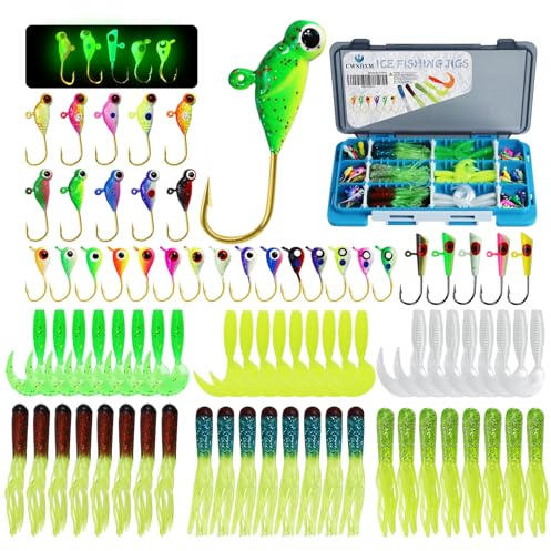 CWSDXMIce Fishing Jigs Kit, Ice Fishing Lures Glow in The Dark Ice Jigs | Soft Baits Ice Fishing Jig Heads Walleye Crappie Jigs Set 78Pcs