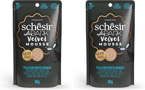 Schesir After Dark, Goût de Poulet aux œufs de caille Velvet Mousse, Nourriture Humide complète pour Chats Adultes (12 enveloppes de 80 g) (Lot de 2)