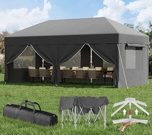 DEVOKO Carpa plegable con ventanas de malla ventilada,pabellón impermeable y resistente al invierno de3x6m,carpa plegable con laterales, protección UV50+carpa para fiestas en jardines patios y camping