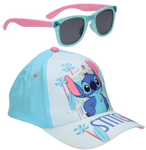 Disney Cars | Stitch | Minnie Mouse Gorra de Béisbol y Gafas de Sol | Gorra y Gafas con Protección UV 400 para Niños | Set de Accesorios de Verano para Playa y Vacaciones (Stitch - Azul)