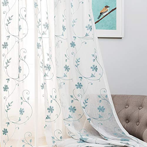 Blue Sheer Curtains 84 Inches Long, Floral Embroidered Rod Pocket Sheer Drapes for Living Room, Bedroom, 2 Panels, 52x84, Semi Crinkle Voile Window Treatments for Yard, Patio, Villa, Parlor .