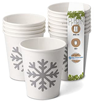 BIOZOYG Tazas de Cafe desechables de carton 200 ml / 8 oz blanco Motivo del Invierno I 50 Vasos de Cafe para llevar desechables I Vajilla ecologica