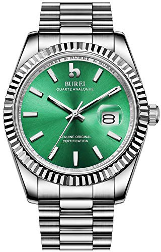 BUREI Herren Uhren Analoge Quarzuhr Grünes Zifferblatt Datumsanzeige Silber Edelstahlband Watch for Men