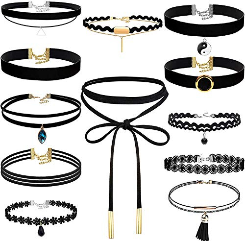 Shynek Choker-Halskette, 12-teiliges schwarzes, schwarze Spitze, Tattoo, Samt, für Frauen und Teenager-Mädchen