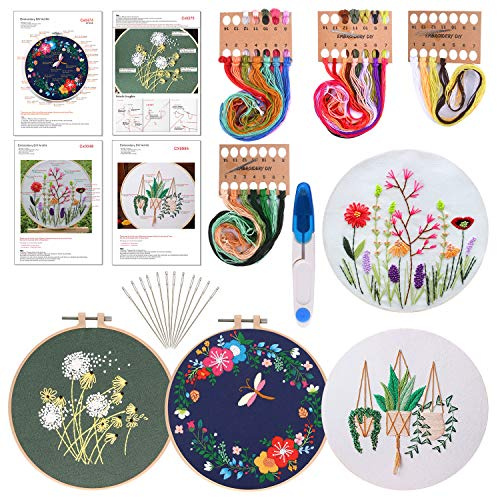 FEPITO 4 ensembles avec motif et instructions Le kit de point de croix comprend 4 vêtements de broderie avec motif floral, 2 cerceaux de broderie, ciseaux, kit d'aiguilles de fils de couleur