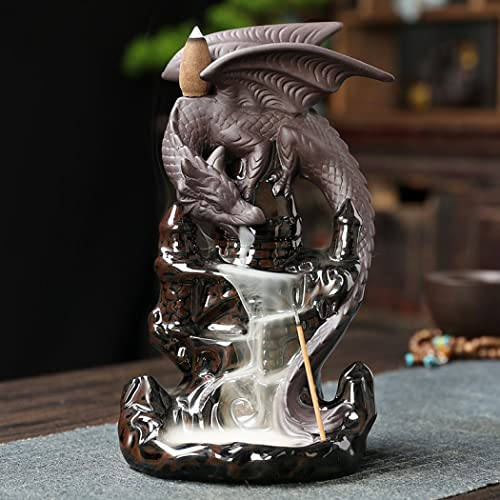 SKILBEAIA Dragon Backflow Incense Burner - Porcelain Plated, 20 Backflow Cones, 30 Incense Sticks, Home and Office Decor