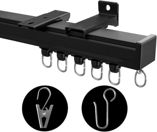 MaKefeile Ceiling Curtain Track, Heavy Duty Curtain Tracks System for Room Divider, Wall Mount Sliding Curtain Rail with Clip and Hooks Set for Living Room, Bedroom, Shower, Outdoor, Black, 12ft-15ft