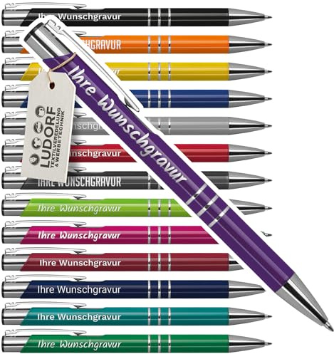 #teamludorf 50x DELTA UNI LACKIERT Metall-Kugelschreiber mit Wunsch-Gravur - Personalisierte Kulis - Stift mit Namen - 16 Farben & 20 Schriftarten - 50 Stück - Mix