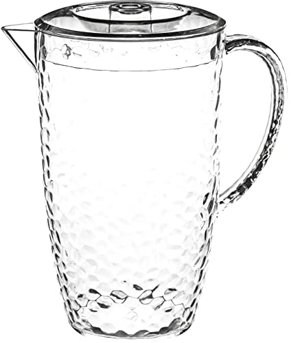 TIENDA EURASIA - Jarra para Agua de Plástico, Imitación Cristal, Diseño en Relieve Moderno con Tapa y Asa, Capacidad 2L, Medida 12,8 x 24 cm