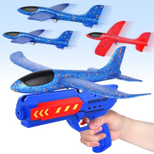 DONGSZQ Aereo Polistirolo con Pistola Catapulta, 4 Pezzi Aereo Giocattolo, Aereo in Schiuma Giocattolo Giochi Giardino Esterno, Aliante Aeroplano Schiuma Giochi Bambini 3-8 anni