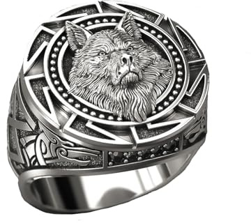 MAGIIE Fantaisie Bijoux Bague Homme en Acier Inoxydable,Bague Homme Style Viking Tête de Loup,Bague Chevaliere Homme,Bague Argent Bague Grand pour Homme Garcons