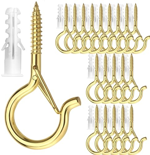 PlusRoc 20 Pack Ceiling Hooks for Hanging Plants Outdoor String Lights Heavy Duty, 2.2 Inch Eye Hook Screw in Cup Hooks Q-Hanger for Patio Lights, Wall Wood Fence Deck Mount(Gold)