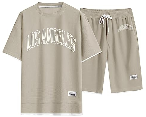 Männer Leicht Freizeitanzug Kurze Hose Bequeme Baggy Anzüge Sommer Kurzärmelig Freizeit Sportanzug T-Shirt Shorts Bedruck Komfort Herren Lässig 2-Teilig Kurz Lockere Hausanzug Im Haus (Beige, XXXL)