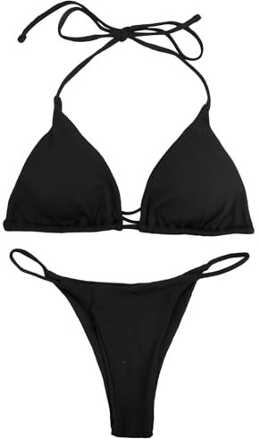Wisebom Damen Bikini Set Zweiteiliger Badeanzug Bikini Bikini Damen Neckholder Triangel String Bikini Set mit Brustpolster Schwarz (DE/NL/SE/PL, Alphanumerisch, S, Regular, Regular, Schwarz)