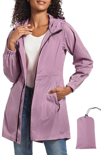 SaphiRose Women's Long Packable Raincoat Water Resistant Rain Jacket Lightweight Outdoor Windbreaker with Hood (Rose,L)