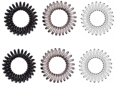 Set of 6 Spiral Hair Ties - No Damage, No Crease Phone Line Bobbles, Plastic Hair Elastic Bands - MultiColor Spiral Ponytail Holders for Girls Women (Black-White-Grey)