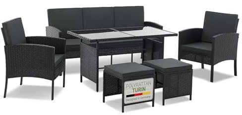 Juskys Polyrattan Gartenmöbel Sitzgruppe Turin Set 6 teilig - 7 Personen - Outdoor Möbel mit Sessel, Hocker, Tisch & Kissen - Loungemöbel Schwarz