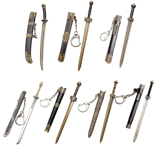 7 piezas de mini espada, llavero de espada antigua de 4,7 , llavero chino de aleación de zinc, llavero con patrón de decoración de vaina antigua, modelo de hoja sin cortar para hombres y mujeres, lla