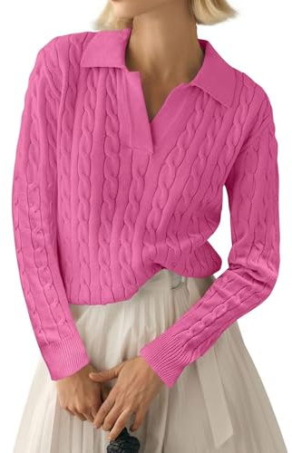 LACOZY Knitted Sweater Shirts for Women Fall Tops Long Sleeve Knitted Blouses Casual V Neck Tshirts Pink L