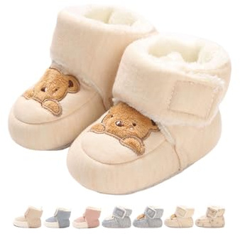 Baby Boys Girls Winter Warm Fleece Booties Snow Boots Newborn Non-Slip Soft Sole Sock Shoes Slippers Toddler Cotton Thermal Adjustable Crawling Barefoot Walker Shoes Brown Bear Khaki 0-6 Months