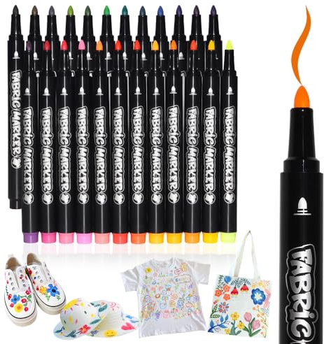 Fmtasx 24 Textilmalstifte waschmaschinenfest, permanente Stoffstifte für Textilien, Baumwolle, T-Shirts, Beutel, Schuhe, waschfest & kochfest, Textilfarbe für Kinder & Erwachsene zum Bemalen von Stoff