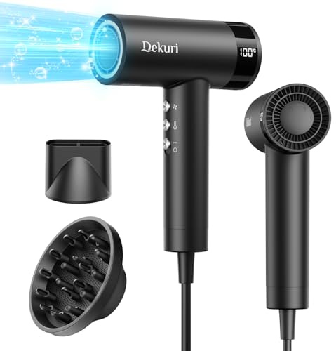 Dekuri Hair Dryer, 110,000 RPM High Speed Motor Hairdryer for Ultra-Fast Drying, 200M Ionic Care for Smooth & Shiny Hair, Lightweight with Magnetic Nozzle & Diffuser (Midnight Black)