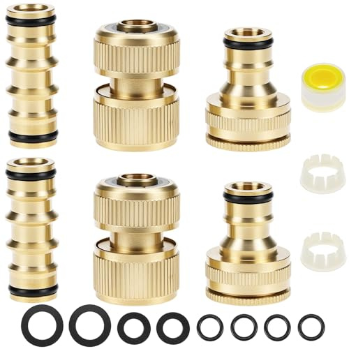 QWORK® Paquete de 6 conectores de manguera de latón para unirse a un tubo de jardín de 1/2 pulgada (OD 16 mm) - 2 x conectores dobles, 2 x extremos de manguera, 2 x conexiones de grifo