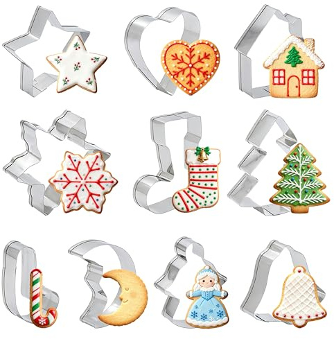 10Pcs Christmas Cookie Cutter, Stainless Steel Xmas Holiday Cookie Molds Christmas Tree, Bell, Candy Cane, Snowflake Shapes Cookie Mold Biscuit Cutters for Winter Holiday Baking