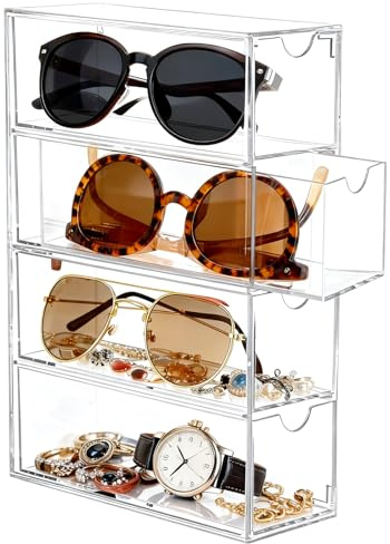Almacenamiento de gafas de sol acrílico con 4 organizadores de gafas, soporte para múltiples gafas, soporte transparente para gafas, apilable, para relojes, cadenas, gafas, cosméticos, gafas de