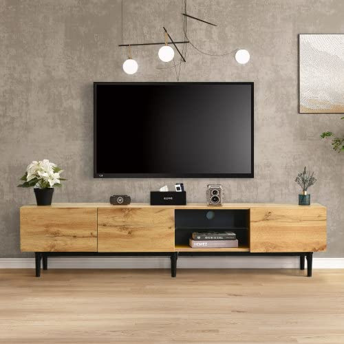 Mobile TV moderno con ampio spazio di archiviazione, porte a battente, illuminazione variabile, robusto materiale MDF, design per soggiorno, armadietto per dispositivi multimediali, 170 cm, rovere