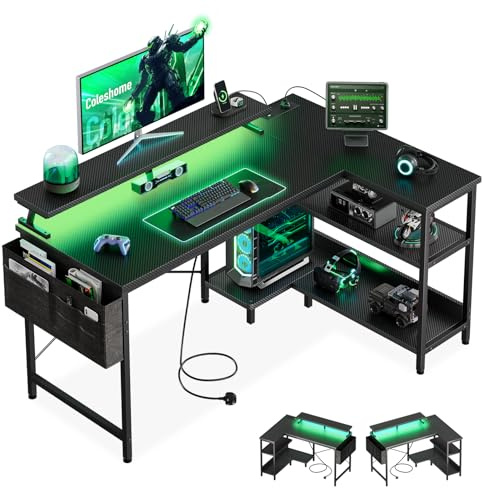 Coleshome L Shaped Gaming Desk with LED Lights & Power Outlet, 100x70 cm | Carbon Fiber Black Computer Desk with Shelves for Small Spaces, Corner Gaming Table with Monitor Stand for Work Play Office