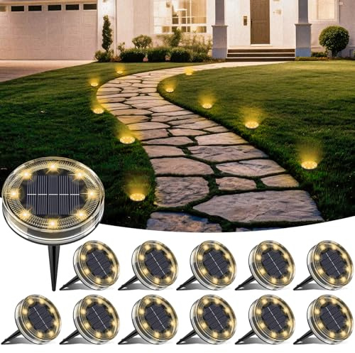 LOTMOS 12 Pezzi Luci Solari da Giardino Sepolta, 8 LED Faretti Solari a Led da Esterno IP68 Impermeabile, Lampade Luce Solare da Terra Decorazione per Prato Cortile Vialetto Paesaggio, Bianco Caldo