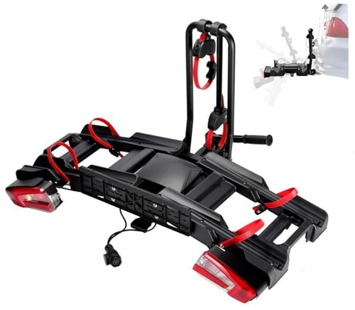 Fahrradträger für Anhängerkupplung für 2 Fahrräder & E-Bikes – 60 kg Nutzlast, Schnellverschluss, Abklappbar, Zusammenklappbar, Abschließbar, mit Rückleuchten & 13-poligem Stecker, vormontiert