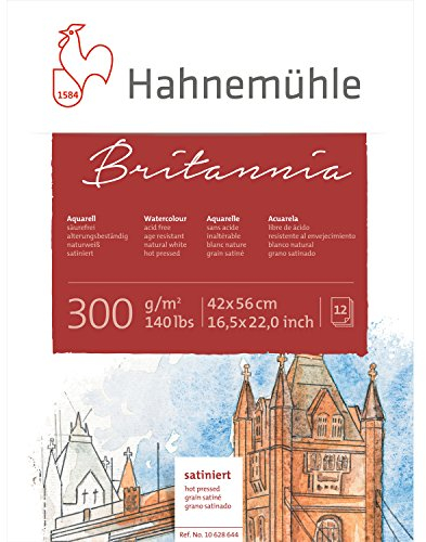Hahnemühle Britannia Aquarellblock, satiniertes naturweißes Aquarellpapier, 300 g/m², 12 Blatt, 42 x 56 cm