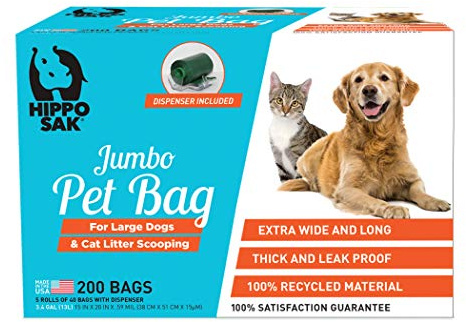 Hippo Sak® Extra Large Pet Poop Bags with Dispenser, 200 Count, for Large Dogs and Cat Litter Scooping (200)