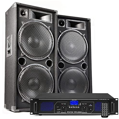 MAX215 PA Lautsprecher Set 4000 W mit Bluetooth Verstärker & 2X 3‑Wege 15″ DJ Lautsprecher, FPL1000 Bluetooth Verstärker mit USB/SD Player & Fernbedienung, inkl. Kabel - Plug & Play Musikanlage