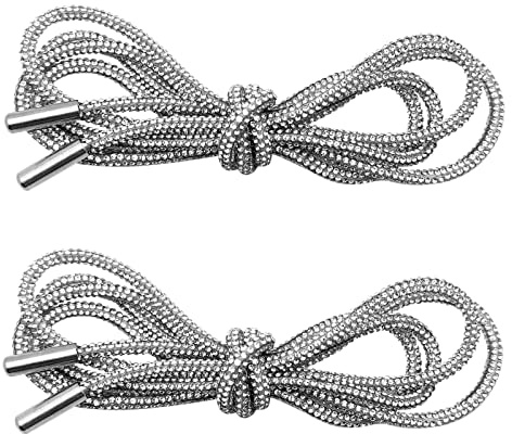 2PCS Silver Rhinestone Shoelaces, Bling Shoe Laces for Sneakers, Metallic Glitter Rope Shoe Strings, Replacement Hoodie String Drawstring Cords for Sweatpants Hoodies Shorts Accessories