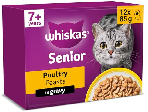 WHISKAS Senior 7+ Wet Cat Food in Gravy 12x85g Poultry Feasts (Pack of 4)