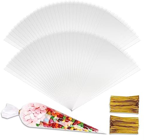 Transparente Kegeltüten für Süßigkeiten 100 Stück 18x37cm Cone Cellophantüten mit Golden Bindestreifen Verschluss Durchsichtige Kegelbeutel Bonbons Tüten für Schokolade Bonbons Marshmallow Popcorn