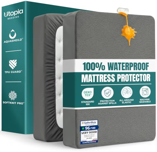Waterproof Mattress Protector, Double 135 x 190 cm, Fits 40cm Deep (Gray) | Terry Top Waterproof Mattress Protector with Elastic Skirt, Oeko-Tex Certified, by Utopia Bedding
