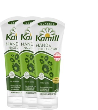 3-pack Kamill hand- och nagelkräm CLASSIC (3 x 100 ml) – lugnar och skyddar med ekologisk kamomill från kontrollerat biologiskt odling, med veganska ingredienser och utan mikroplast