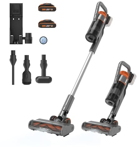 WORX WX038 20V PowerShare Cordless Stick Vacuum with Dual Battery ReadyCharge Station, LED & Cyclonic Filtration - Lightweight Handheld Convertible, Pet Hair Brush & Accessories Included