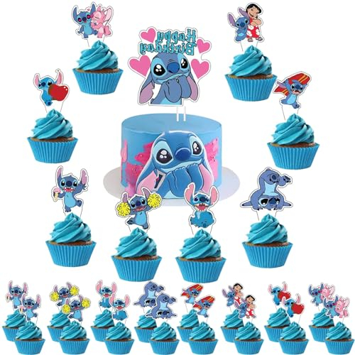 TQPXZO 25 Stück Stitch Cake Topper, Happy Birthday Tortendeko, Tortendeko Geburtstag Kinder, Cartoon-Animationsfigur Tortendekoration, Geburtsta