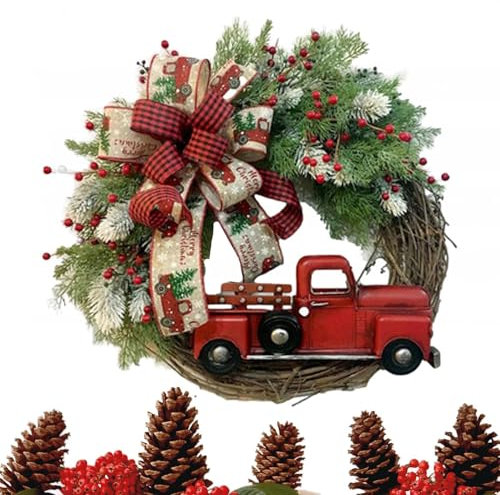 Corona Della Fattoria Del Camion Rosso,Ghirlanda Estetica Creativa Per Porta D'ingresso Con Grande Fiocco | Decorazioni Da Parete Per Garage, Porta D'ingresso, Soggiorno, Fattoria, Cortile, Balcone