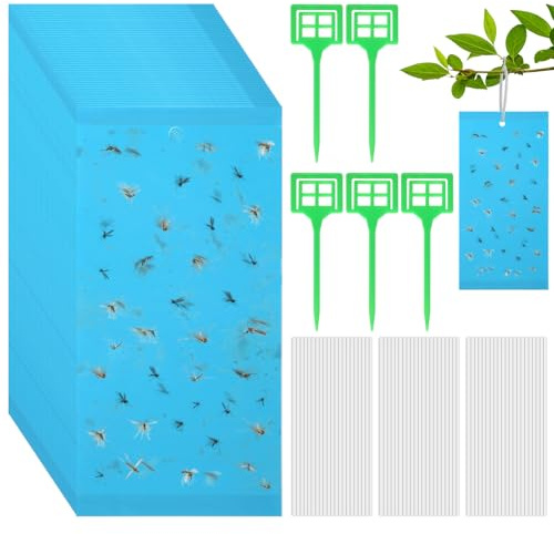 50 Piezas Trampas de Insectos, Trampas Adhesivas para Moscas de Doble Cara, Azul Trampa Moscas, 20 x 10cm Trampa Insectos con 5 Soportes de Plástico para Atrapar Plagas
