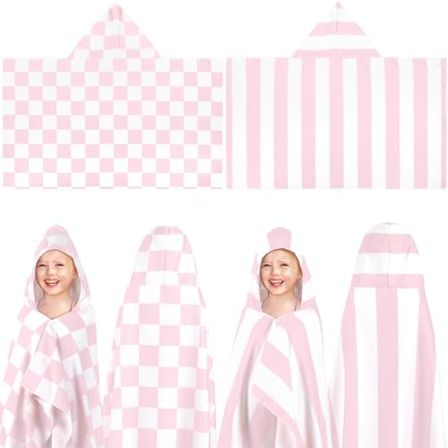 Mindsoft 2 Pcs Kids Hooded Bath Towel 50 x 30 Kids Hooded Beach Bath Towels Pink Microfiber Toddlers Towels Pool Beach Towel Wrap for 3-12 Years Girls Toddlers Swimming Cover up 2 Design(Stripe)