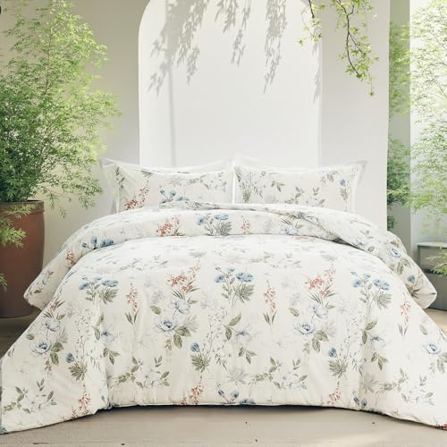 Herside Blå blommig sängkläder set enkel storlek 100 % bomull vändbart påslakan set med dragkedja 2 delar mjuk och andningsbar vintage grön trädgård sängkläder set för flickor tonåringar