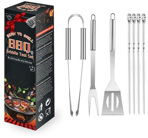 hosck 7 Stück Grillbesteck, Edelstahl BBQ Grillzubehör Set, Professionelles Grillzubehör für den Außengrill, Vatertagsgeschenke, Grillgeschenke für Männer, Papa, Grillliebhaber