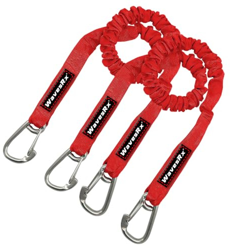 DockingPal - Premium Flat Bungee Dock Lines for Boat (Nautical Red) | Elastic Boat Dock Rope with Stainless Steel Carabiners | Stretches from 3' to 5' | Absorbs Shocks Prevent Damage to Jet Ski & PWC