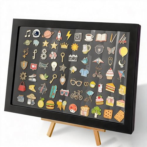 BAIFULAI Pin vitrina 35 x 24 cm, pin vitrina, broche caja de almacenamiento con soporte, negro con cerradura, exhibición de esmalte para Pines de Solapa, alfileres coleccionables y medallas